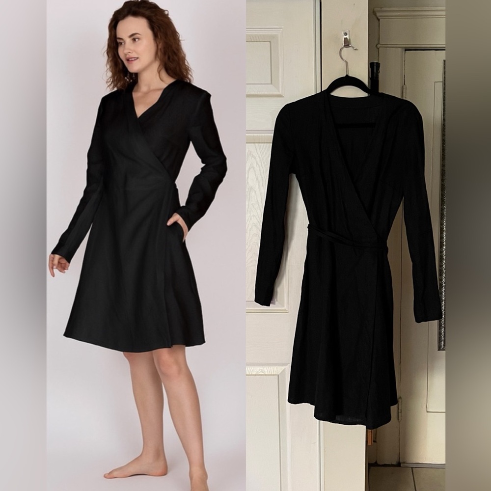 BULGARIAN LINEN DRESS BLACK POCKETS WRAP LONG SLEEVE SLEEVES UKRAINIAN SIZE 4